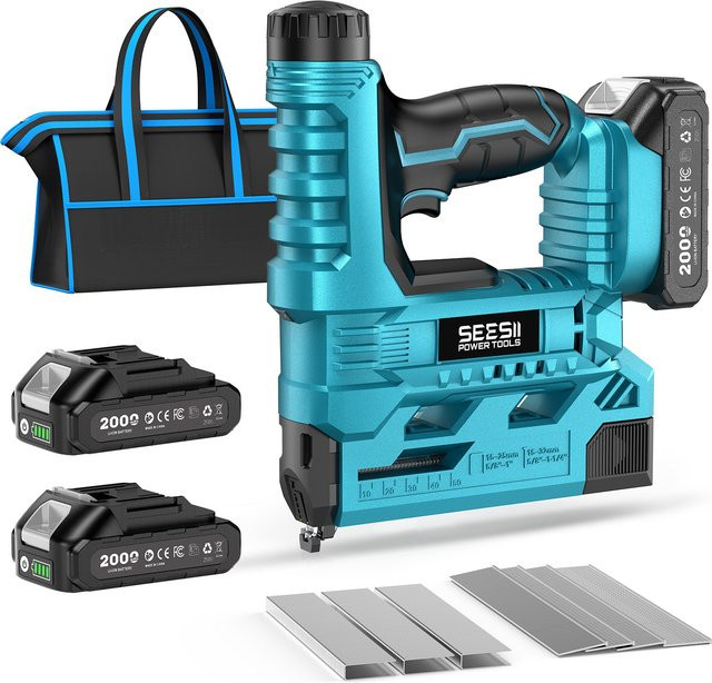 SEESII Akku-Nagler 18 Gauge Brad Nail Gun in Blau mit 2 Akkus und 1000 Nägeln für Möbel und Elektrowerkzeug-Anwendungen - Bild 1