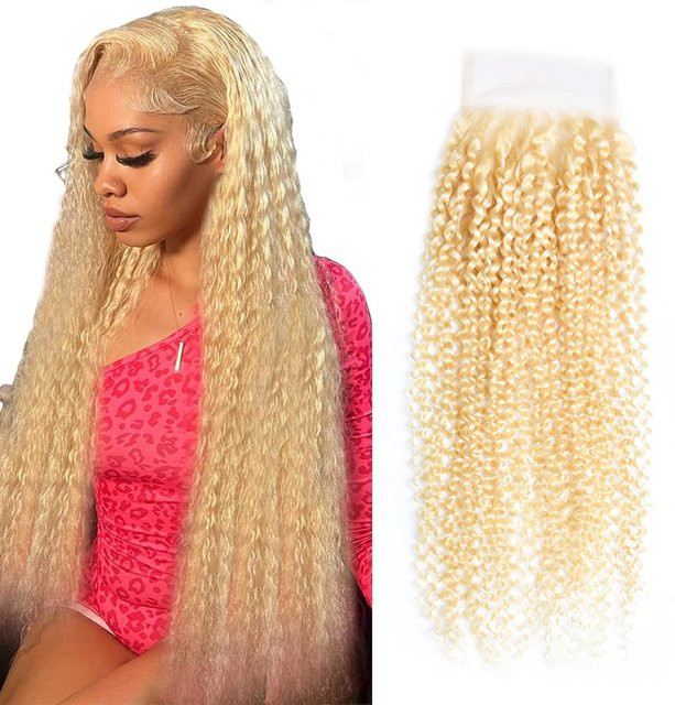 613 Kinky Curly Lace Closure, 4x4 Transparente Spitze, 100% Brasilianisches Echthaar, Blonde - Bild 1