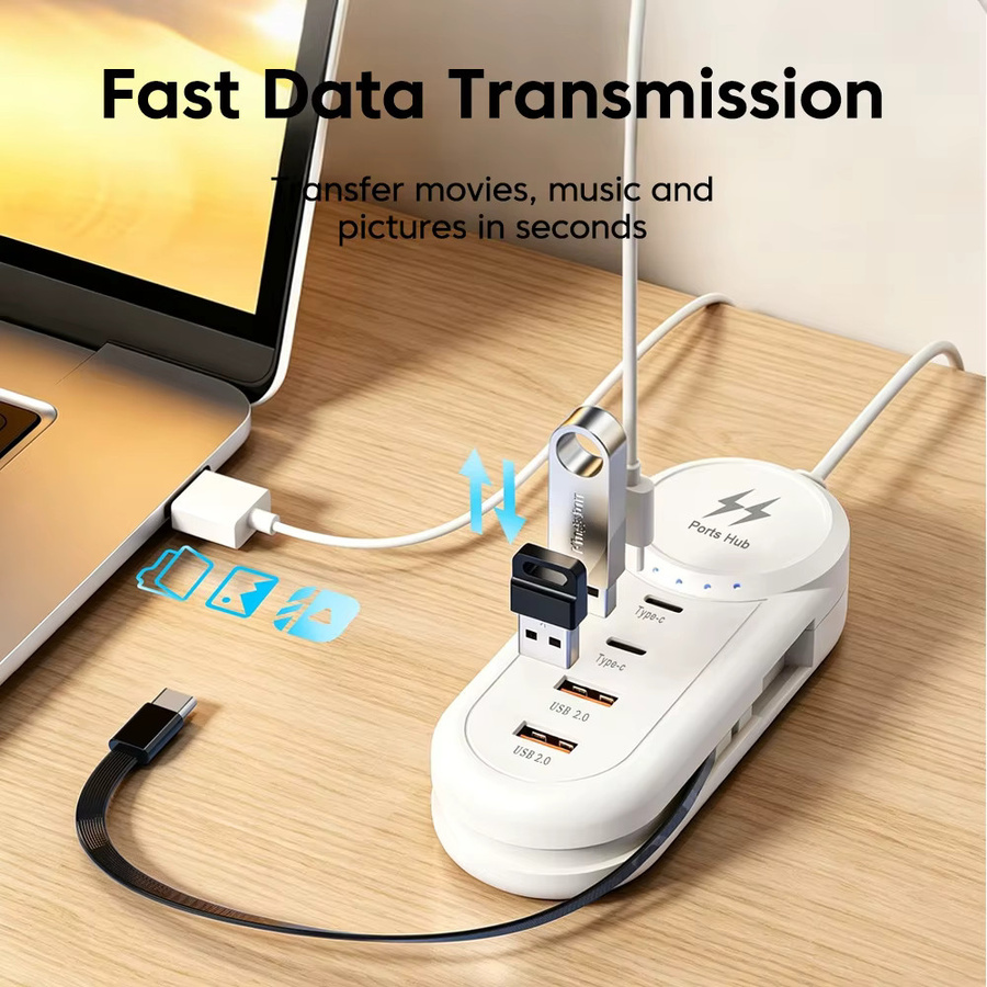 USB-C Schnellladegerät PD Typ-C Wandadapter mit Mehrfach-USB-Hub und Verlängerungskabel in Weiß - Bild 2