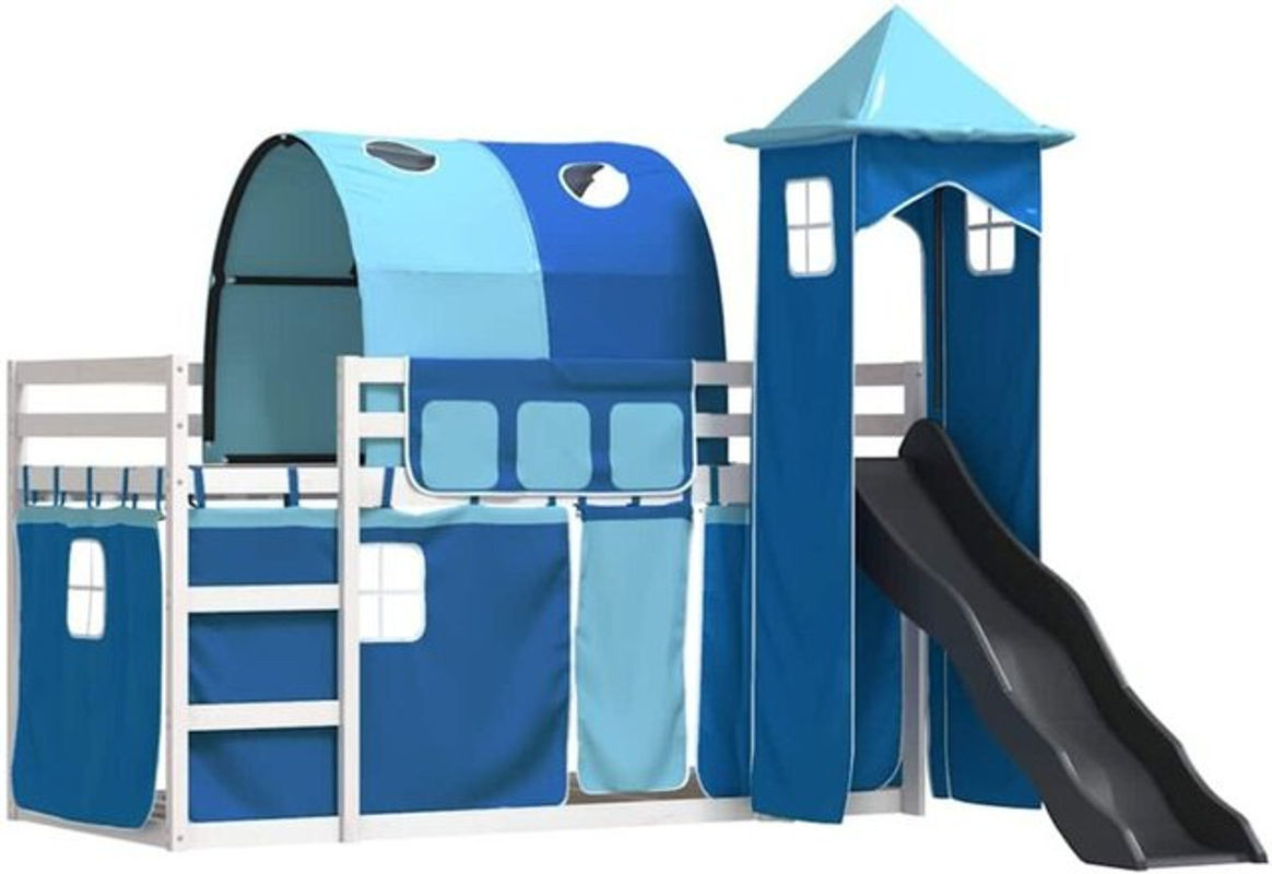 Vidaxl Etagenbett aus Kiefer Massivholz mit Rutsche und Gardinen in Blau, B/T/H: 90 x 190 cm - Bild 1