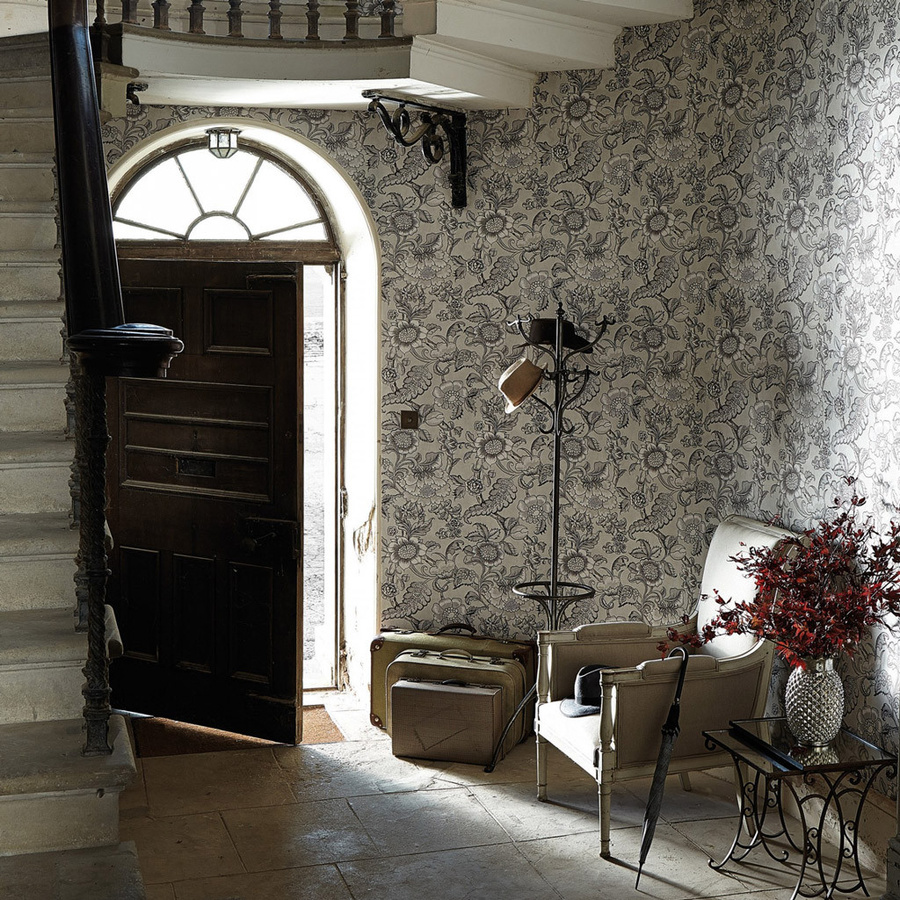 Little Greene Tapete Sackville Street Tweed in Grau mit botanischem Floral-Design aus Vlies - Bild 1