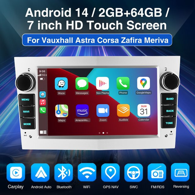ESSGOO Drahtloses Android 15 Autoradio mit CarPlay und Wi-Fi für Opel Astra H G J Antara Vectra C B Vivaro Corsa C D Zafira B Multimedia-Player in Schwarz - Bild 1