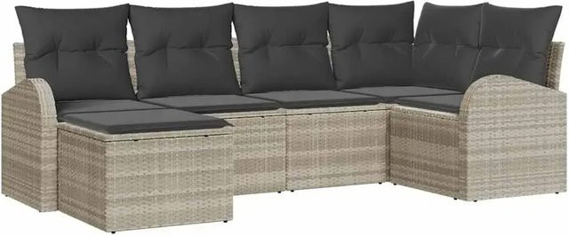vidaXL Garten-Sofa-Set aus Polyrattan in Hellgrau mit Kissen, 6-teiliges L-Shape Lounge-Set mit modernem Design - Bild 1