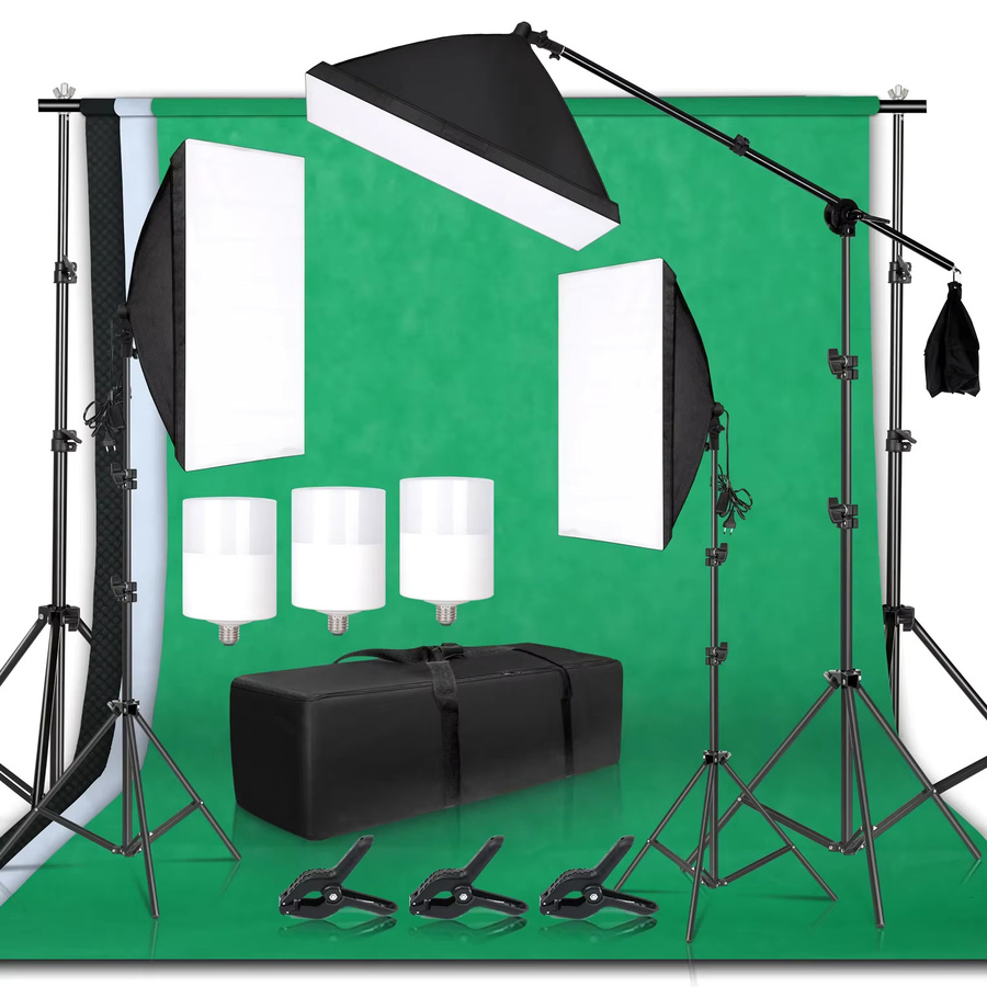 Softbox-Beleuchtungsset für Fotostudios mit Hintergrundrahmen, 3 Hintergründen, Stativen, Reflektorplatten und 4 Schirmen - Bild 1