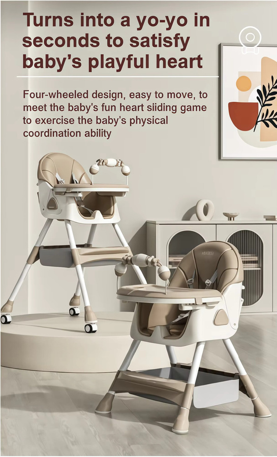 Moderner Baby-Hochstuhl als Klappstuhl in Beige mit Rollen und Kunstlederbezug - Bild 2