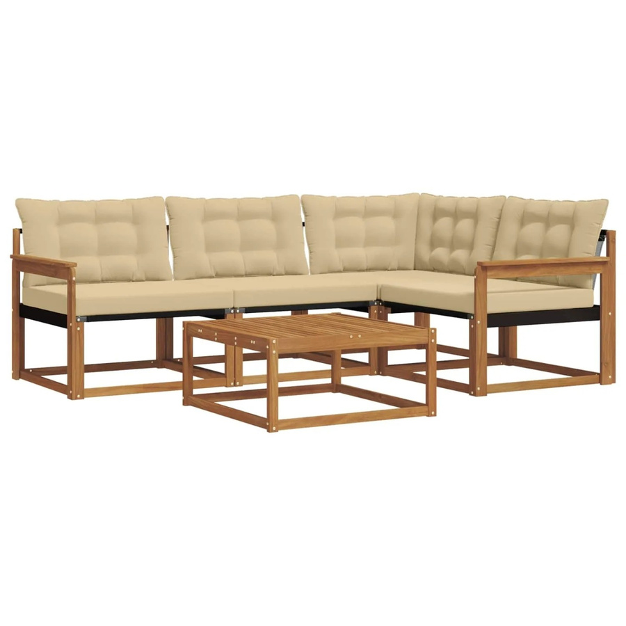 vidaXL Outdoor-Sofagarnitur 5-teilig in L-Form aus massivem Akazienholz mit Textilene und beige Kissen - Bild 2