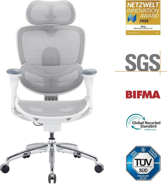 SIHOO Doro C300 Pro V2 Ergonomischer Bürostuhl in Weiß mit adaptiver Ganzkörperunterstützung, 8D-Armlehnen und atmungsaktivem Netzgewebe - Bild 1