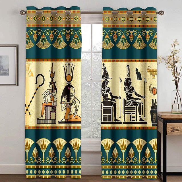 Yiran Furniture Pharao Fenster Vorhang Set Ägyptische Pyramide Serie Schwarz Gold Semi-Transparent mit Ösen B: 98 cm, H: 202 cm - Bild 1