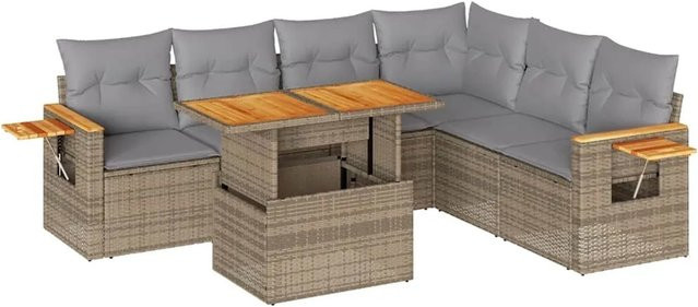 vidaXL 7-teilige Garten-Sofagarnitur aus Poly-Rattan und Akazienholz in Beige-Grau - Bild 1