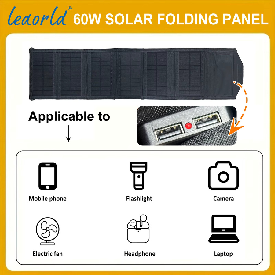 LEAORLD 60W Solarpanel-Ladegerät, faltbares monokristallines USB-Solar-Handy-Ladegerät in Schwarz - Bild 4