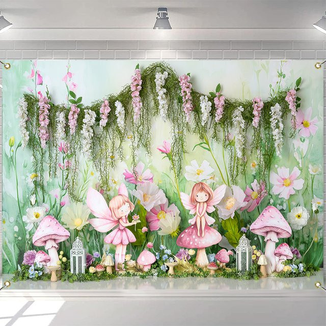 LS Feenmädchen Pilz-Mysteriengarten Fotohintergrund für Kinder und Baby-Cake-Smash in Mehrfarbig - Bild 1