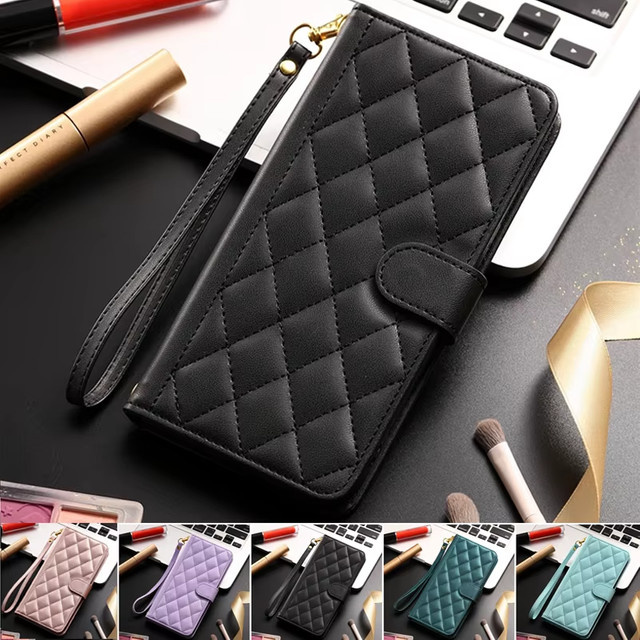 Karierte Leder-Mappenhülle mit Lanyard für Samsung Galaxy A06 A16 A26 A36 A56 5G A05S A15 A35 A55 A25 in Schwarz oder Lila - Bild 1