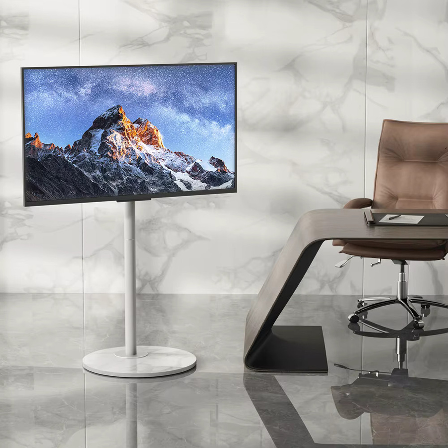 Moderner mobiler TV-Wagen von Unho in Weiß mit Steinsockel und Rollen für Fernseher von 40 bis 75 Zoll - Bild 3