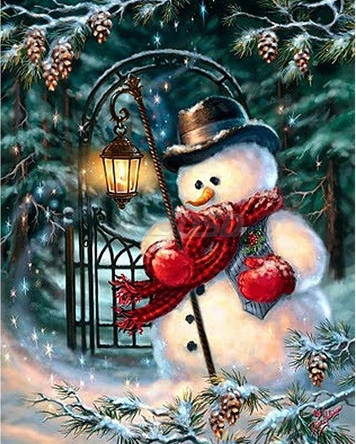 FIYO Diamant-Gemälde Schneemann mit Laterne als Kreuzstich-Set in Grau und Multicolour, B x H: 30 x 20 cm - Bild 1