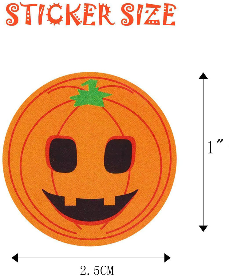 TYFYO Halloween Aufkleberrollen mit 500 runden Motiv-Aufklebern in Orange für deine Partydekoration mit Kürbis, Geist, Spinne, Fledermaus und Katze - Bild 2