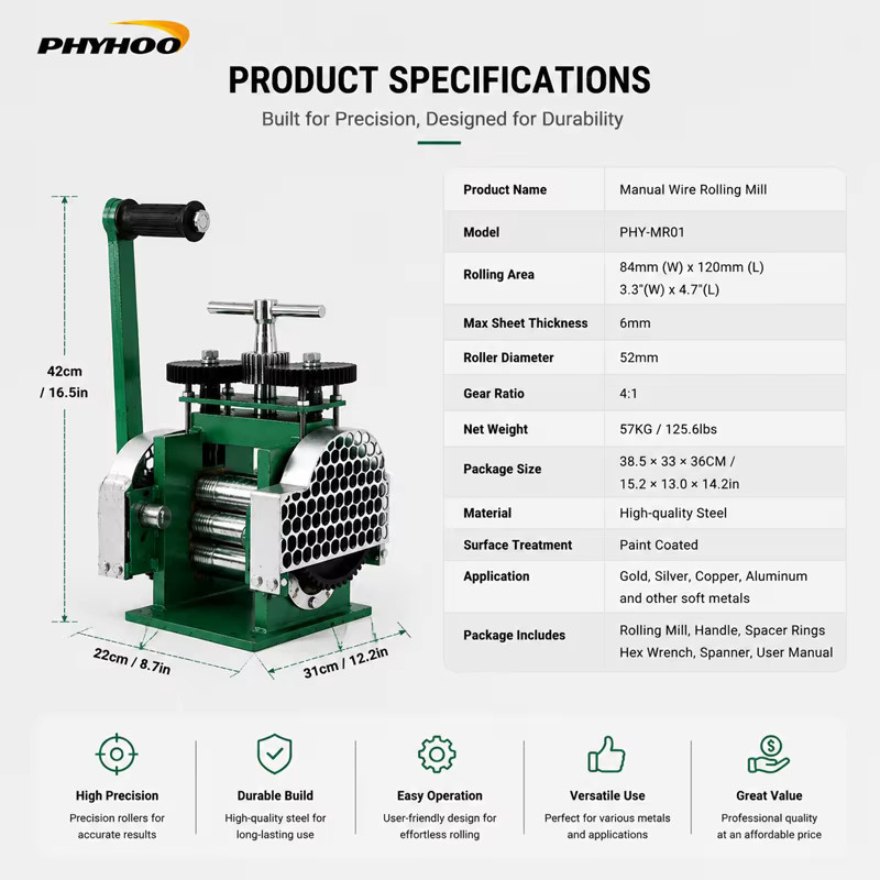 PHYHOO 3-in-1 Schmuckwalzmaschine aus Gusseisen in Grün für Flach-, Quadrat- und Halbrunddraht als manuelle Metallblechformpresse und Bastelwerkzeug - Bild 2