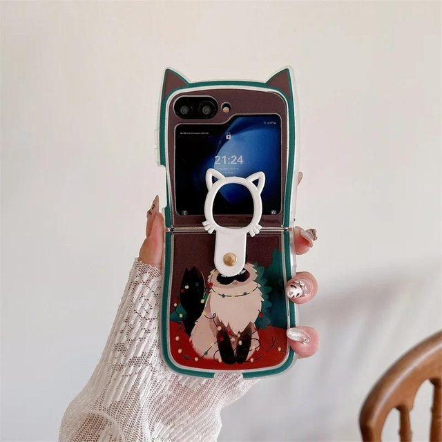 Yiran Bag Stoßfeste Hülle für Samsung Galaxy Z Flip 6 5 4 3 mit niedlichem Weihnachts-Katzenanhänger und Lanyard, Farbe: Schwarz - Bild 1