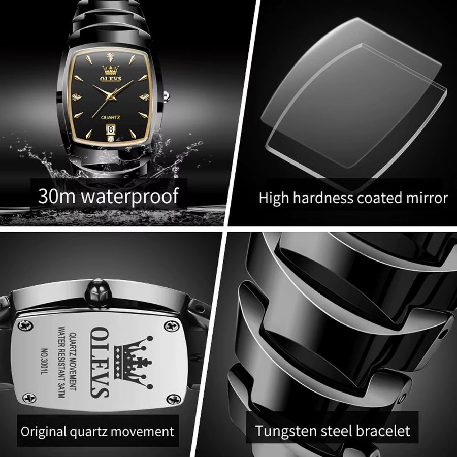 OLEVS Armbanduhr Tonneau, Quarz, Edelstahl, Schwarz, Herren - Bild 5