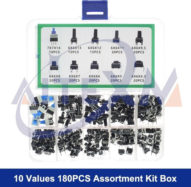 AITEXM ROBOT Tactile Push Button Switch Sortiment Kit mit 180 Stück für Arduino, 10 verschiedene Werte, 6x6 mm, DIP 4P - Bild 1