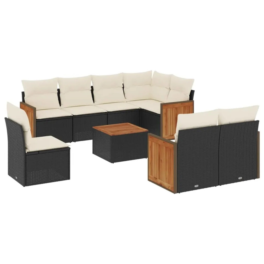 vidaXL 9-teilige Garten-Sofagarnitur aus Poly-Rattan und Akazienholz in Schwarz-Creme mit Kissen - Bild 2