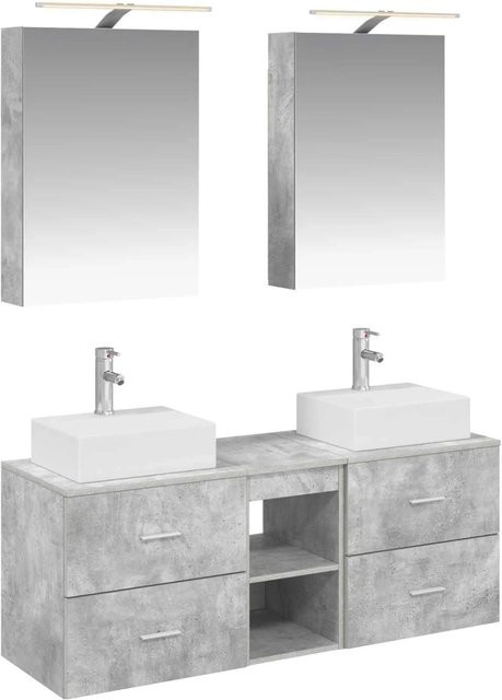 vidaXL Badezimmermöbel-Set 5-teilig in Betongrau mit Glas und Holz, modern mit LED-Beleuchtung und Spiegelschrank - Bild 1