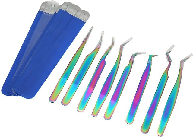 Wimperverlängerungs-Pinzetten-Set Edelstahl, 8 Stück, Blue - Bild 1