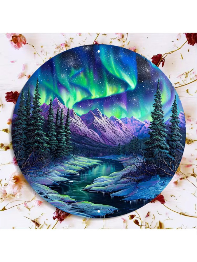 Rundes Aluminium-Metallschild Potdemiel mit Nordlichter-Landschaft, wetterbeständige Außenwanddekoration, Durchmesser: 20 cm, Mehrfarbig - Bild 6