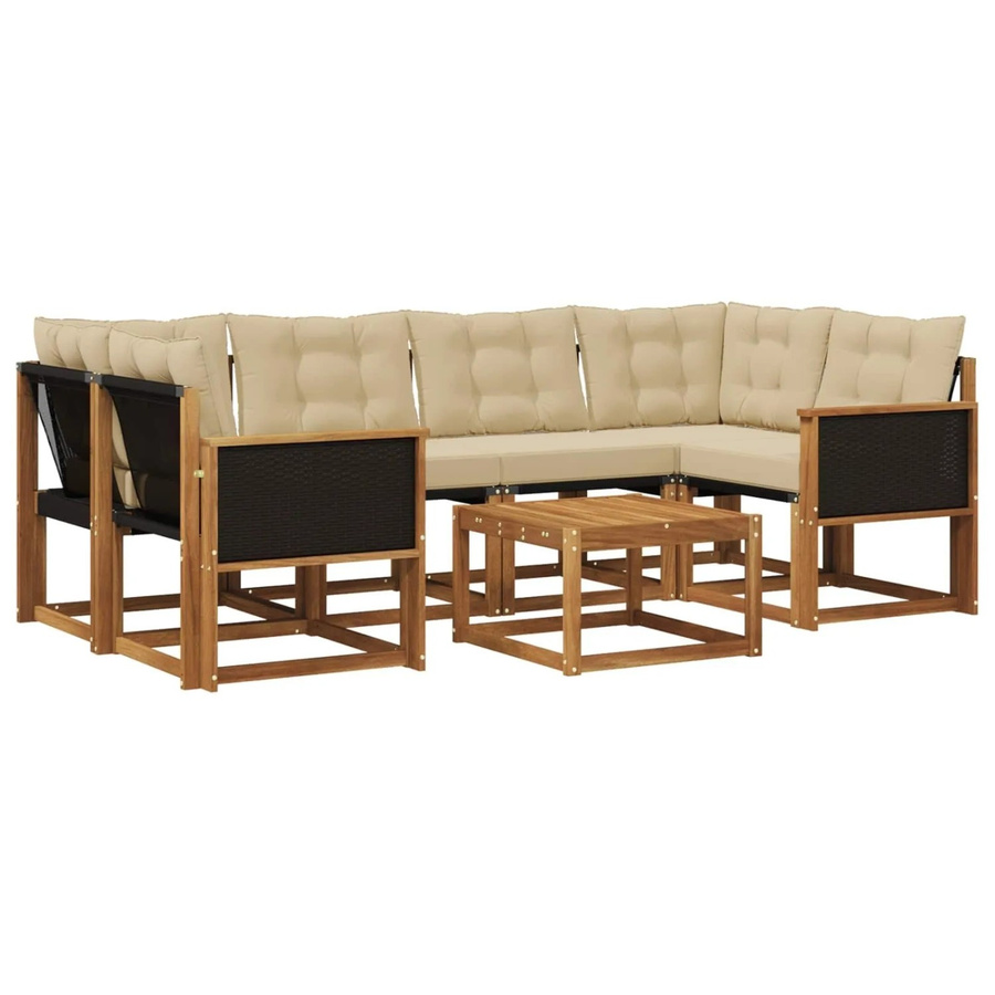 vidaXL Outdoor-Sofagarnitur L-Form aus Akazienholz mit 7 Kissen in Natur und Beige - Bild 2