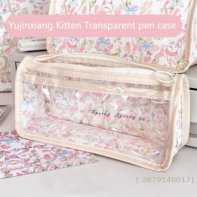 Transparentes Federmäppchen mit rosa Tulpen-Kätzchen-Motiv, großes Schreibwaren-Etui für Studenten und Make-up-Tasche - Bild 1