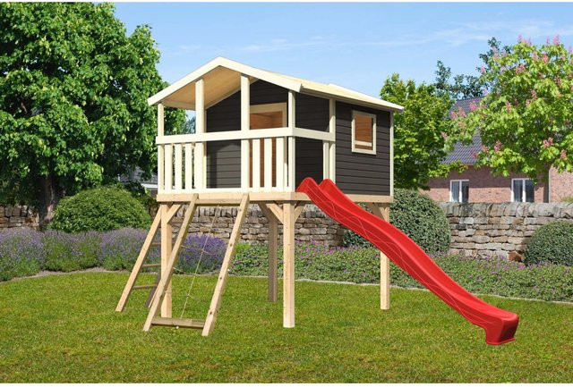 Karibu Stelzenhaus Benjamin in Terragrau mit Leiter, Netzrampe und Rutsche in Rot, B/H/T: 225 x 309 x 250 cm - Bild 1