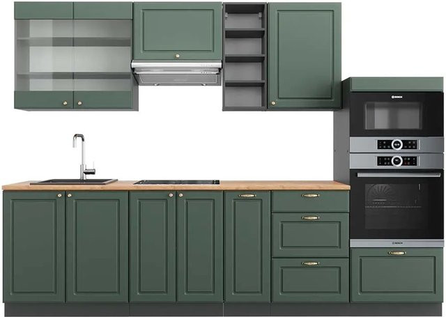 Vicco Fame-Line Küchenzeile Landhausstil in Grün-Gold und Anthrazit mit Eiche-Optik, Breite: 280 cm - Bild 1