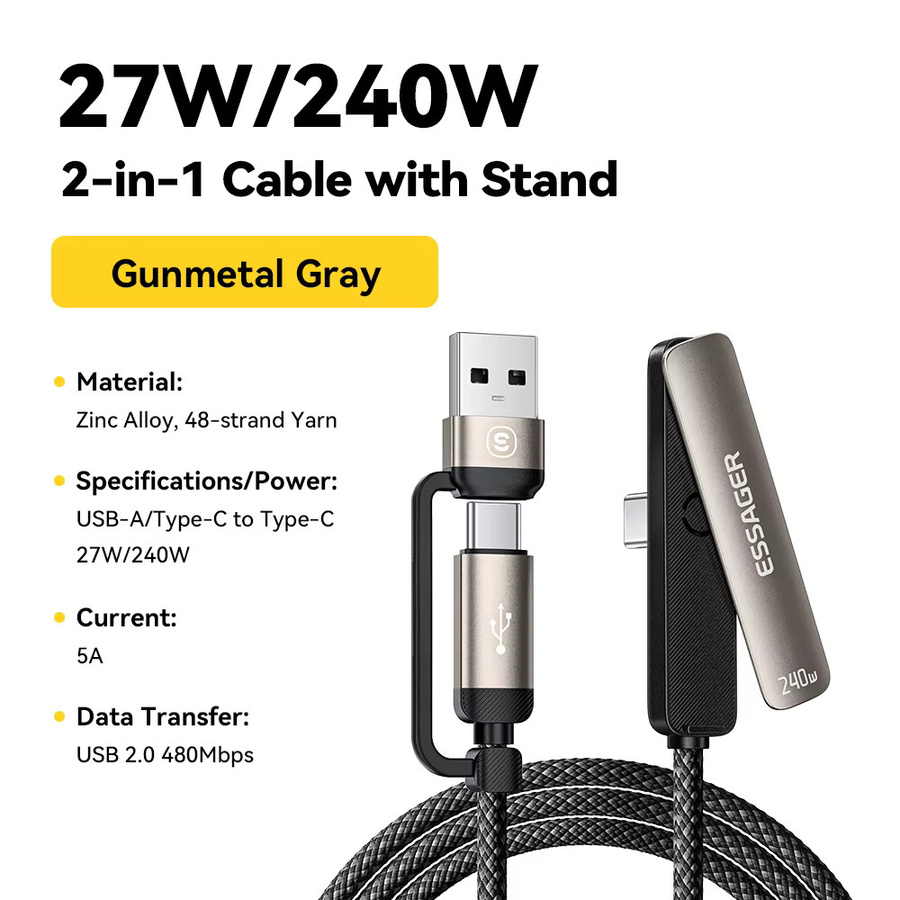 Essager 2-in-1 USB-C-Kabel mit integriertem Telefonständer, 240W Schnellladekabel für iPhone, iPad, Macbook, Xiaomi und Samsung - Bild 4