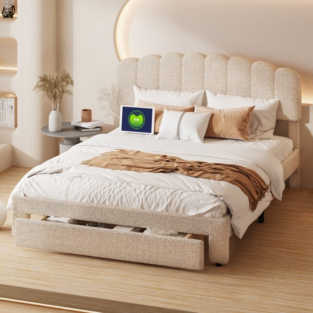 Rosahqnda Doppelbett mit Teddybär-Kopfteil und Schublade, Polsterbett für Jugendzimmer in Beige, B/T: 140 x 200 cm - Bild 1