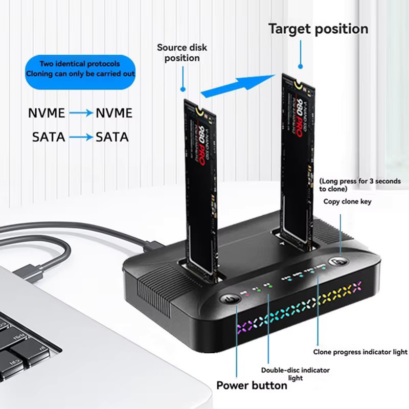 Kebidu M.2 NVMe/SATA Dual-Bay Festplatten-Dockingstation mit Offline-Clone-Funktion und USB 3.2 Gen2, Schwarz - Bild 6