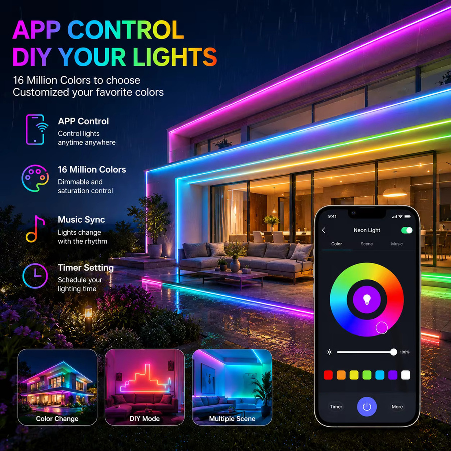 Flexible RGBIC LED Neon-Lichtstreifen in Multicolour mit App- und Fernbedienung, Musik-Sync und Timer, IP67 wasserdicht, ideale Innen- und Außenbeleuchtung für Schlafzimmer, Wand oder Garten - Bild 2