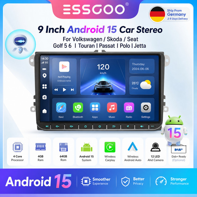 ESSGOO Android 15 Autoradio mit GPS und WiFi für Volkswagen Passat B6 B7 Golf 5 6 Polo Jetta und Skoda in Schwarz - Bild 1