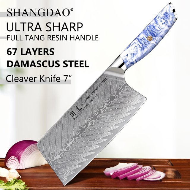 SHANGDAO Damaststahl Küchenmesser als chinesisches Hackmesser mit blau-weißem Harzgriff und Full Tang, 17,78 cm - Bild 1