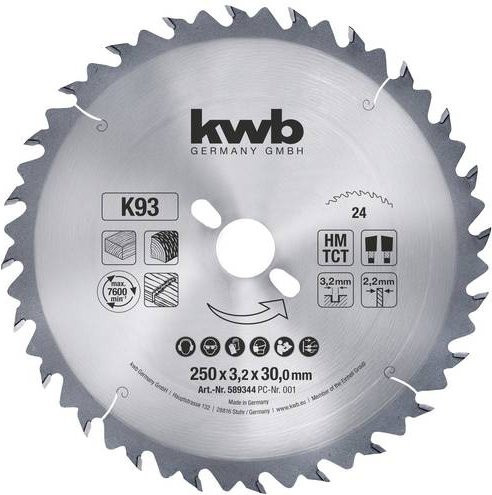 Kwb Kreissägeblatt 589344 für Holz und Kunststoff, Carbide Tipped, Silber, Durchmesser: 250 mm, Bohrung: 30 mm - Bild 1