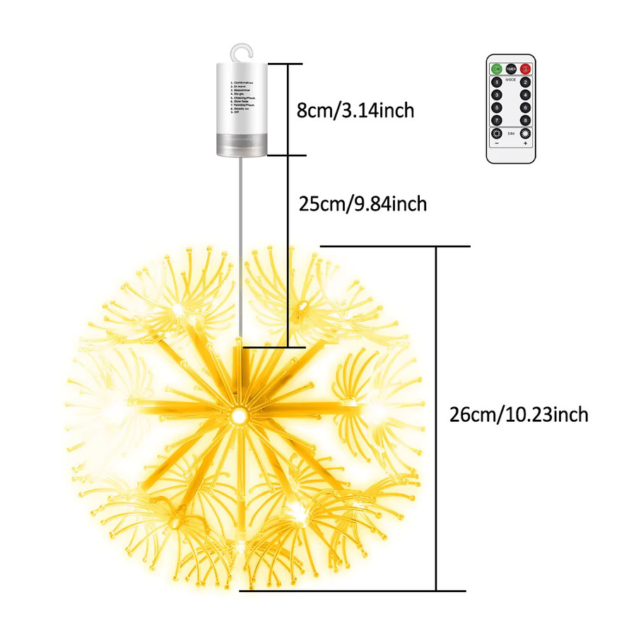 DACHAN LED Feuerwerkslicht Löwenzahn mit Fernbedienung, Starburst-Lichterkette in Gold/Messing mit 8 Modi und warmweißem Licht für Außenbereich, Hochzeit und Weihnachten - Bild 3
