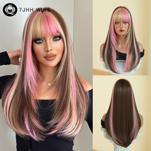 7JHH WIGS Perücke, braun mit rosa Highlights, synthetisch, Damen - Bild 1