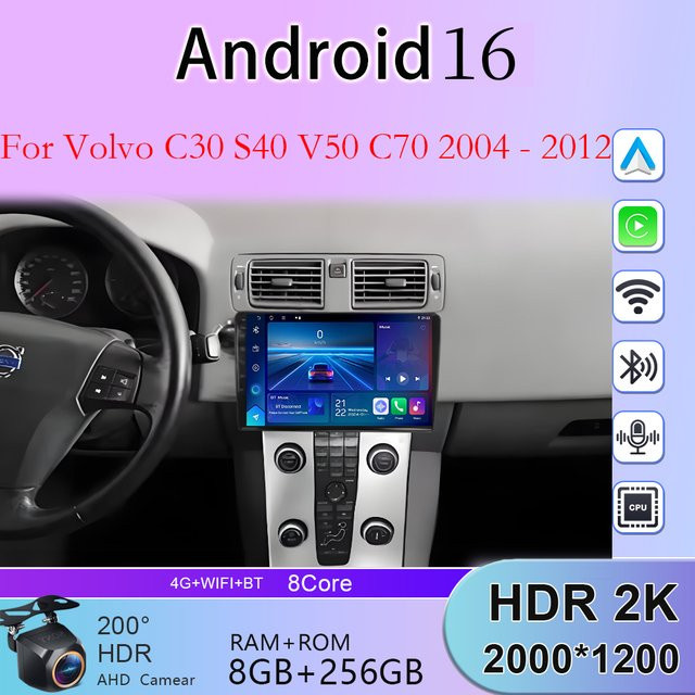 Nevegetor Android Autoradio mit Carplay und 4G für Volvo C30 S40 V50 C70, 12 GB RAM + 256 GB Speicher, Schwarz, mit GPS und Mobilfunkfunktion - Bild 1