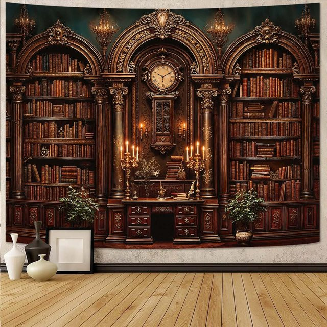 JMG Household Supplies Wandteppich Magisches Bücherregal im gotischen Hexen-Stil mit Dark Academia Design, Farbe Braun, B: 320 cm, H: 180 cm - Bild 1