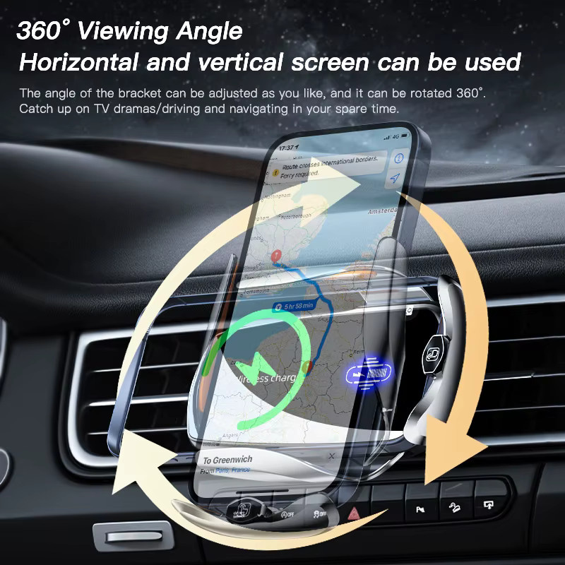 Kabelloses 15 W Autoladegerät mit 360 Grad Rotation und automatischer Klemmung für iPhone und Samsung in Schwarz oder Silber - Bild 4