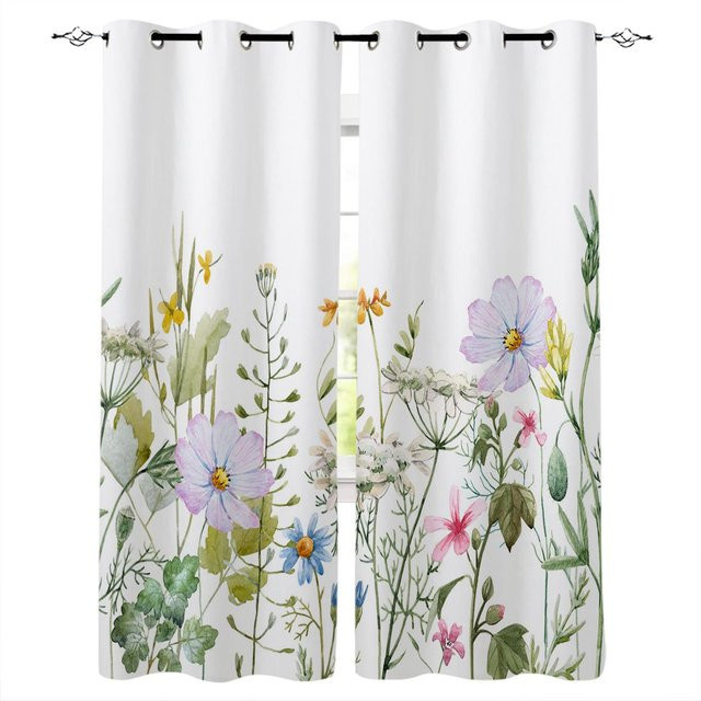 A Family Of Home Textiles Fenstervorhänge mit floralem Frühlingsblumen-Design in Vanille und Beige, semi-transparent, B: 70 cm, H: 185 cm, 2er-Set mit Haken - Bild 1
