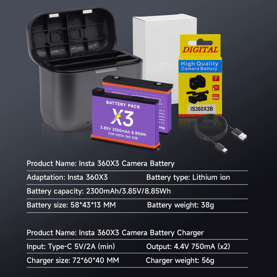 CITYORK Akku und 2-Slot-LED-Ladegerät Set für Insta360 X3, Li-Ion, 2300 mAh, Schwarz - Bild 5