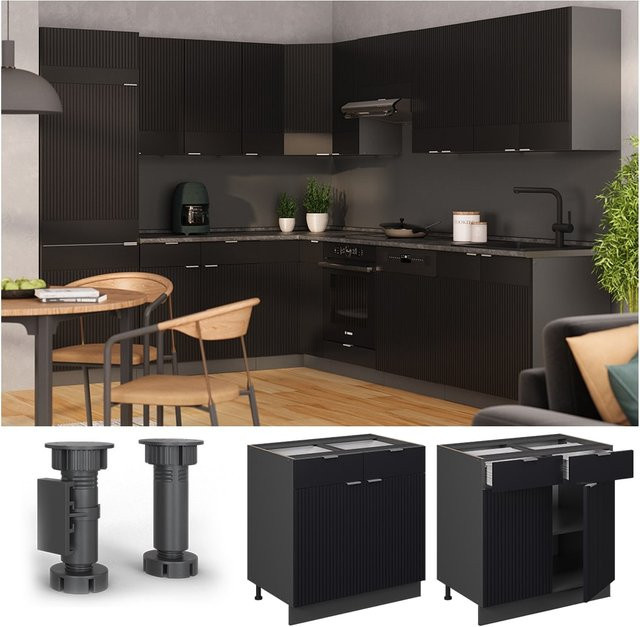 Vicco Schubunterschrank Fame-Line in Anthrazit und Schwarz gestreift, Breite: 80 cm, ohne Arbeitsplatte - Bild 1