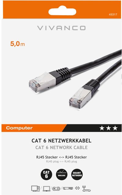 Vivanco CAT6 Ethernet LAN Netzwerkkabel mit RJ45 Stecker, Schwarz, 5 m - Bild 1