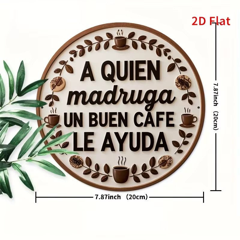 Rundes Vintage-Metallblechschild von Potdemiel mit spanischem Zitat A Quien Madruga Un Buen Cafe Le Ayuda, mehrfarbige Wanddekoration im Bauernhaus-Stil, Durchmesser: 20 cm - Bild 4