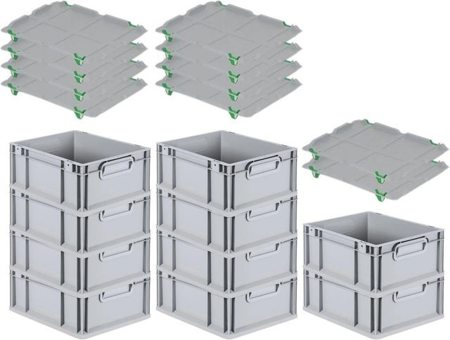 PROREGAL SuperSparSet 10x Eurobox NextGen Grip mit Auflagedeckel und grünen Schiebeschnappverschlüssen, Grau, H x B x T: 17 x 30 x 40 cm - Bild 1
