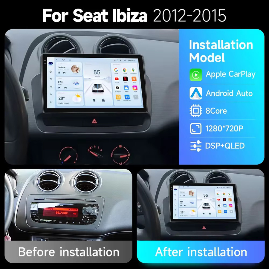 JIUYIN Android 15 Autoradio für Seat Ibiza 2012-2015 mit Touchscreen-Display, 5G WIFI, Bluetooth, GPS-Navigation und Multimedia-Videoplayer in Schwarz - Bild 2